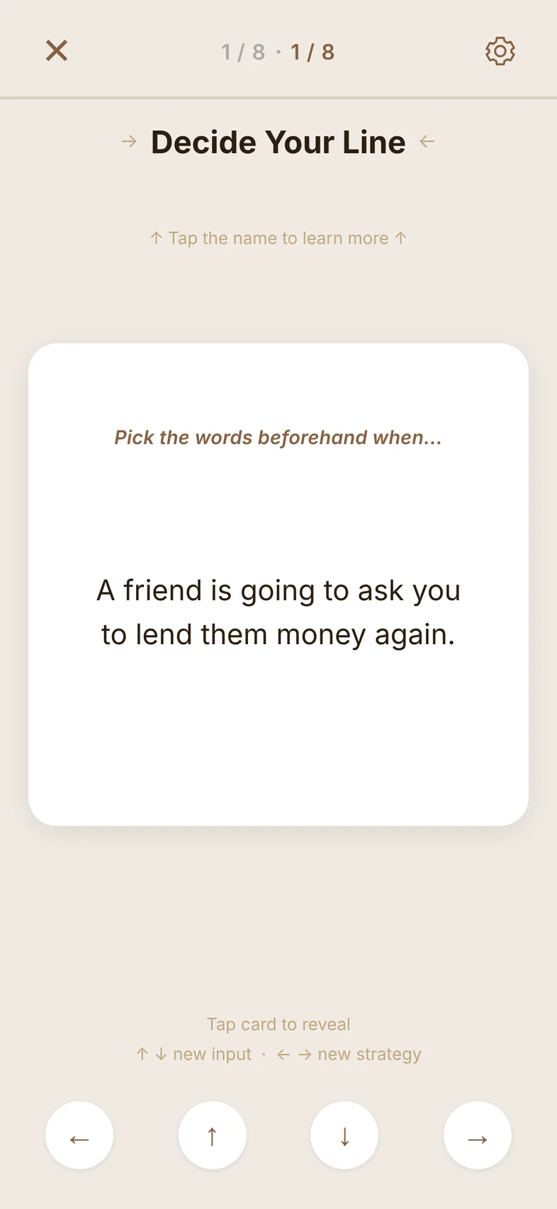 A card in the app: 'A friend is going to ask you to lend them money again.'