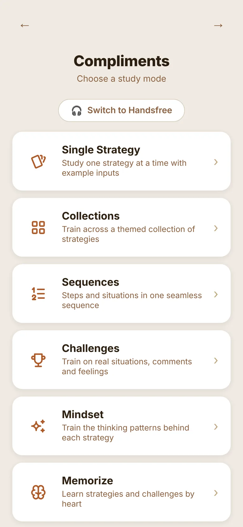 The six study modes for a pack