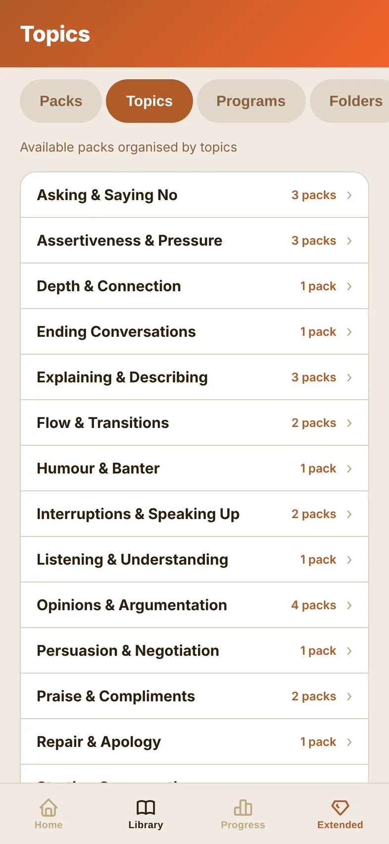 The Topics list in the app library